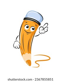 Cartoon pencil pointing with his finger, smiles. Knowledge and education concept. Vector illustration for children design or school.