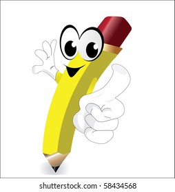 Cartoon pencil pointing with his finger