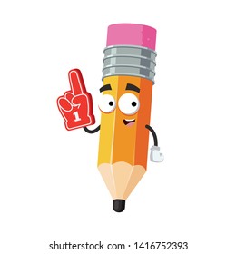 cartoon pencil with rubber eraser character mascot with the number 1 one sports fan hand glove on a white background