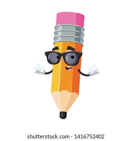 cartoon pencil with rubber eraser character mascot in black sunglasses on a white background