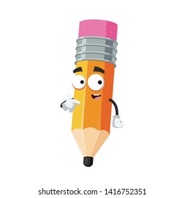 cartoon pencil with rubber eraser mascot showing himself on a white background