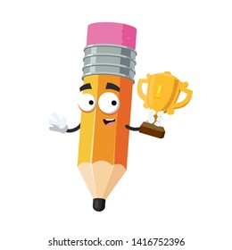 cartoon pencil with rubber eraser mascot holds the number one cup on white background