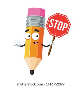 cartoon pencil with rubber eraser mascot with tablet stop in hand on white background