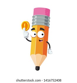 cartoon pencil with rubber eraser mascot keeps the coin on white background