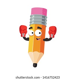 cartoon pencil with rubber eraser mascot in red boxing gloves on white background