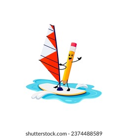 Cartoon pencil school supply character riding windsurfing board on summer beach vacation. Isolated vector writing tool personage catching wind for extreme recreation and fun on spare holidays time