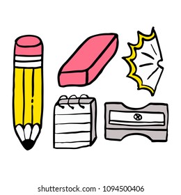 cartoon pencil, sharpener, eraser and block note.
