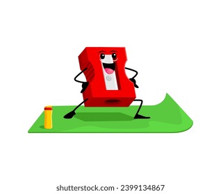 Cartoon pencil sharpener school supply character on yoga fitness sport. Isolated vector stationery tool yogi enthusiast, balancing asana poses with grace standing on mat. Ready to stay healthy and fit