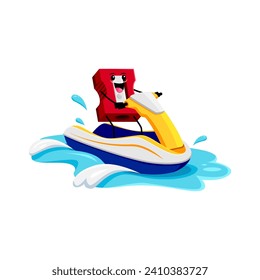 Cartoon pencil sharpener school supply character on summer beach vacation. Isolated vector student stationery personage riding water bike enjoying holidays extreme recreation on tide sea waves