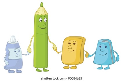 Cartoon, pencil and stationery children: tube, eraser, pencil sharpener. Vector
