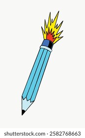 Cartoon pencil with a vibrant, explosive eraser. Blue pencil, dynamic explosion effect. Colorful, creative design with a unique, eye-catching style. Funky vector illustration.