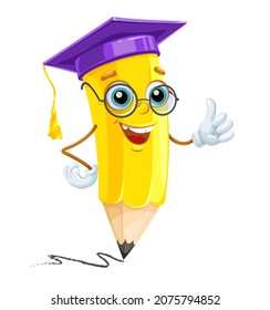 Lápiz de dibujos animados con gafas y tapón de graduación, ilustración vectorial aislada en fondo blanco. Estudiante humanizado y gracioso sonriendo, dando un buen gesto.