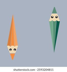 Cartoon pencils character with a faces. Colored arrow sign. Flat vector illustration on grey background.