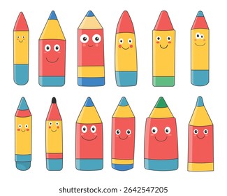 Cartoon Pencils: A colorful collection of cute stationery with happy faces.
