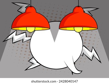 Cartoon pendant electric lamp with blank speech bubble, comic book Lighting Equipment background. Retro vector comics pop art design.