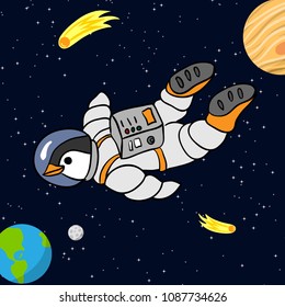 Cartoon penguin astronaut in a spacesuit in the open space among stars, planets and comets