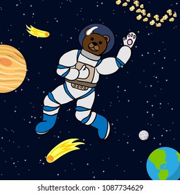 Cartoon penguin astronaut in a spacesuit in the open space among stars, planets and comets
