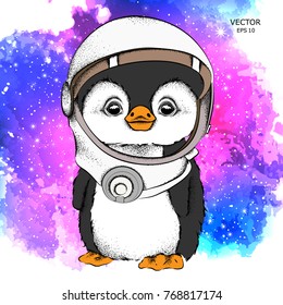 a cartoon penguin in an astronaut's space suit. Character in space. Vector illustration