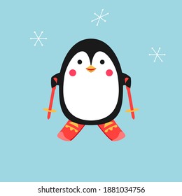 Cartoon penguin. Bird is skiing. Vector illustration. 