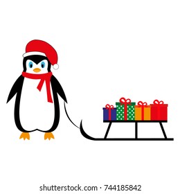 cartoon penguin is bringing New Year gifts on a sleigh