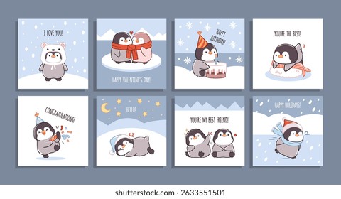 Cartoon penguin cards. Funny little birds, cute inscriptions, kawaii northern mascot, greetings banners, chubby characters, childish print or poster, emotions and activities tidy vector set