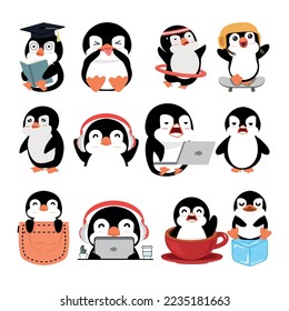 Cartoon penguin characters in different poses set