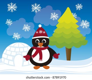 cartoon penguin christmas, winter landscape. vector