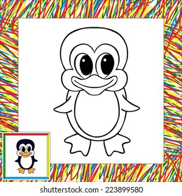Cartoon penguin coloring book with border. Vector illustration for child
