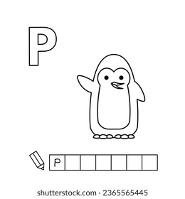 Cartoon penguin coloring pages. Learning game for small children - write a word in English language. Vector alphabet for kids