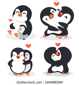 Cartoon Penguin Couple Hug With Heart