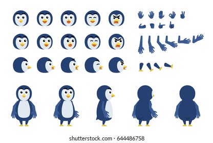 Cartoon penguin creation set. Various gestures, emotions, diverse poses, views. Create your own pose, animation. Flat style vector illustration