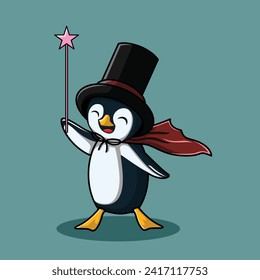 Cartoon penguin dancing with a magician hat and holding a magic wand