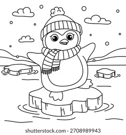 Pinguim de desenho animado Сmudo dançando em bloco de gelo. Ilustração vetorial em preto e branco para a página de coloração infantil. Livro de colorir de férias de inverno
