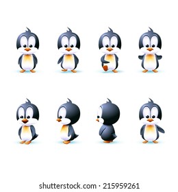 Cartoon penguin in different angles. modal walks and rotates on its axis.  side turned in three-quarter front view stands. Design. Stock vector. Image. Picture. Illustration.