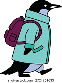 Um pinguim de desenho animado vestido com uma jaqueta turquesa e carregando uma mochila roxa nas costas