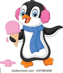 Pingüino de caricatura con afeitados y bufanda come un helado