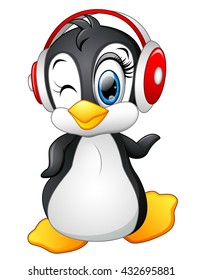 Cartoon penguin with earphone