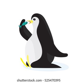 Cartoon penguin eating the fish. Flat vector illustration, isolated on white background