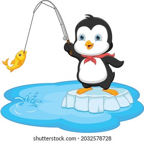 cartoon penguin fishing isolated on white background