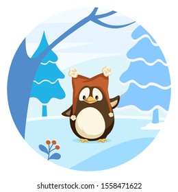 Cartoon penguin in funny hat. Fir and oak trees in wood or lawn. Circle with forest plants and animal inside. Winter cold and snowy weather in antarctica. Vector cartoon illustration in flat style