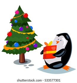 Cartoon penguin with a gift box and decorated Christmas tree. Vector holiday illustration.