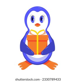 Cartoon penguin with gift in wings