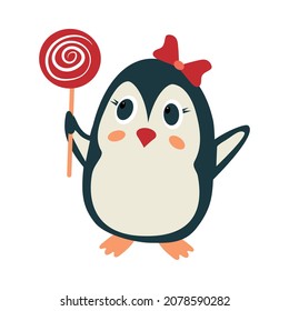 Cartoon penguin girl with candy. Hand drawn vector illustration