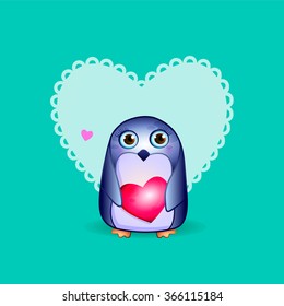 cartoon penguin girl with hearts illustration/ Valentine's day, penguin vector Icon. drawing, character, kids, baby background. vector. Greeting card for Valentine's Day little penguin. Valentine day.