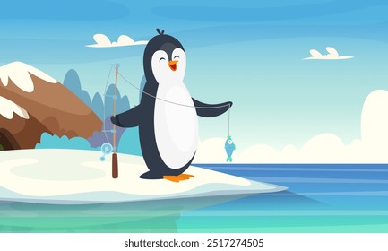 pinguim de desenho animado. animais do polo norte feliz pesca. vetor personagem engraçado