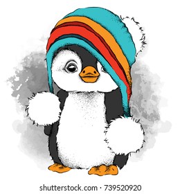 a cartoon penguin in a hat. Character for Christmas and New Year's design. Vector illustration