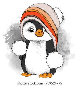 a cartoon penguin in a hat. Character for Christmas and New Year's design. Vector illustration