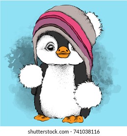 a cartoon penguin in a hat. Character for Christmas and New Year's design. Vector illustration