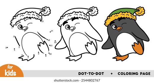 Pingüino de dibujos animados y sombrero, educación punto a punto juego para niños. Hoja de trabajo de actividad de invierno