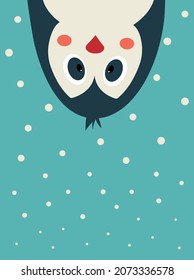 Cartoon penguin head down. Hello winter, rectangular postcard. Cute funny kawaii baby character. Snow background